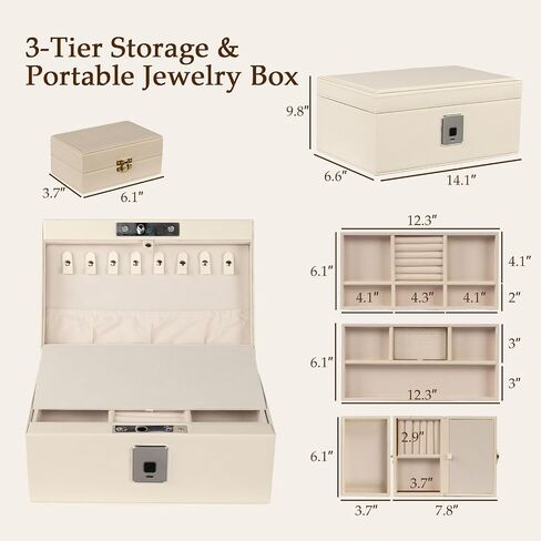 Jewelry Safe, Biometric Fingerprint Safe, Leather Wrapped Jewelry Box with Lock & Mirror, Ultra-Lightweight Jewelry Box Suitable for Home Use & On-the-Go(Three-Tier White) in Kuwait