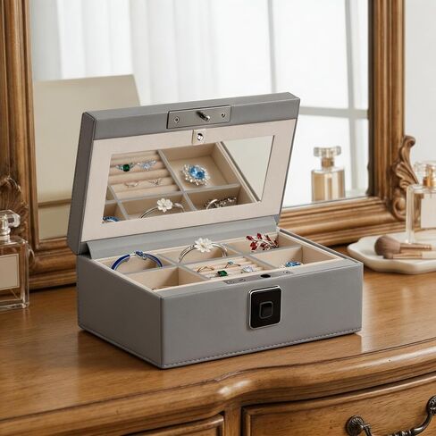 Jewelry Safe, Biometric Fingerprint Safe, Leather Wrapped Jewelry Box with Lock & Mirror, Ultra-Lightweight Jewelry Box Suitable for Home Use & On-the-Go(Three-Tier White) in Kuwait