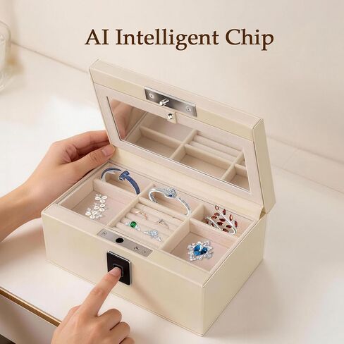 Jewelry Safe, Biometric Fingerprint Safe, Leather Wrapped Jewelry Box with Lock & Mirror, Ultra-Lightweight Jewelry Box Suitable for Home Use & On-the-Go(Three-Tier White) in Kuwait