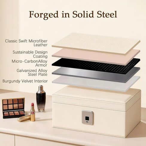 Jewelry Safe, Biometric Fingerprint Safe, Leather Wrapped Jewelry Box with Lock & Mirror, Ultra-Lightweight Jewelry Box Suitable for Home Use & On-the-Go(Three-Tier White) in Kuwait