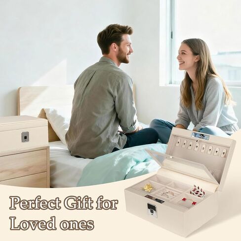 Jewelry Safe, Biometric Fingerprint Safe, Leather Wrapped Jewelry Box with Lock & Mirror, Ultra-Lightweight Jewelry Box Suitable for Home Use & On-the-Go(Three-Tier White) in Kuwait