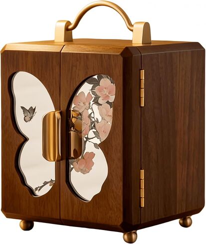 Black Walnut Jewelry Box, Handmade Wooden Jewelry Organizer, 4-Layer Jewelry Holder with Velvet & Gold Handle, Gift for Women Mother's Day Anniversary Birthday, Mirrored Butterfly Design in Saudi Arabia