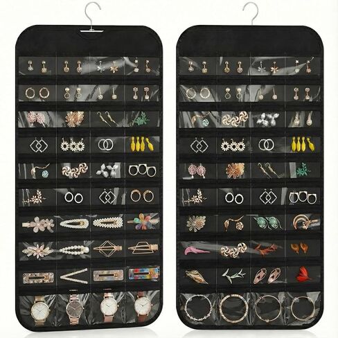 Hanging Jewelry Organizer Double Sided with 80 Clear Pockets, Necklace Organizer Hanging for Closet and Wall, Jewelry Organizer with Hanger, Over the Door Jewelry Organizer, Large Jewelry Storage Bag in Saudi Arabia