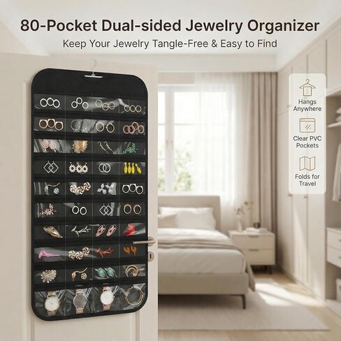 Hanging Jewelry Organizer Double Sided with 80 Clear Pockets, Necklace Organizer Hanging for Closet and Wall, Jewelry Organizer with Hanger, Over the Door Jewelry Organizer, Large Jewelry Storage Bag in Saudi Arabia