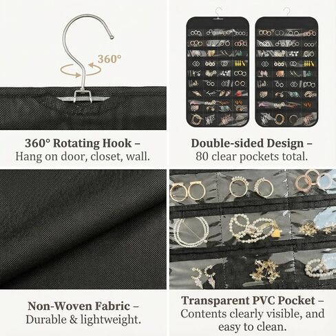 Hanging Jewelry Organizer Double Sided with 80 Clear Pockets, Necklace Organizer Hanging for Closet and Wall, Jewelry Organizer with Hanger, Over the Door Jewelry Organizer, Large Jewelry Storage Bag in Saudi Arabia