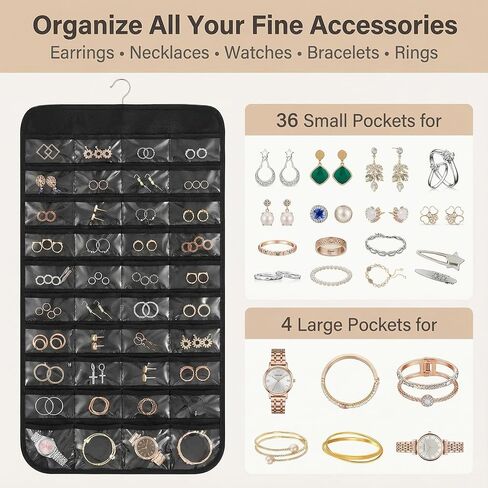 Hanging Jewelry Organizer Double Sided with 80 Clear Pockets, Necklace Organizer Hanging for Closet and Wall, Jewelry Organizer with Hanger, Over the Door Jewelry Organizer, Large Jewelry Storage Bag in Saudi Arabia