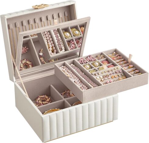 SONGMICS HOME 3-Tier Jewelry Box with Mirror, Jewelry Organizer with 2 Drawers, PU Surface with Stitching, Floating Effect, 8.5 x 9.4 x 6.2 Inches, Cloud White, ANAH Collection UJBC183W01 in Saudi Arabia