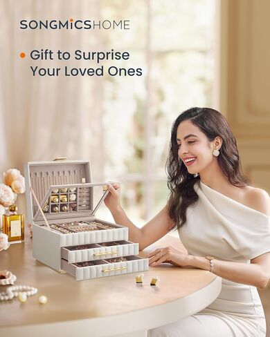 SONGMICS HOME 3-Tier Jewelry Box with Mirror, Jewelry Organizer with 2 Drawers, PU Surface with Stitching, Floating Effect, 8.5 x 9.4 x 6.2 Inches, Cloud White, ANAH Collection UJBC183W01 in Saudi Arabia