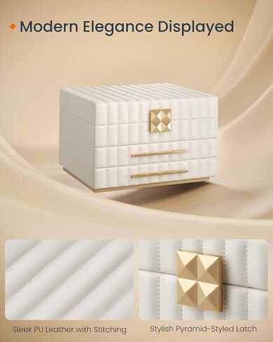SONGMICS HOME 3-Tier Jewelry Box with Mirror, Jewelry Organizer with 2 Drawers, PU Surface with Stitching, Floating Effect, 8.5 x 9.4 x 6.2 Inches, Cloud White, ANAH Collection UJBC183W01 in Saudi Arabia