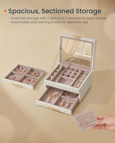 SONGMICS HOME 3-Tier Jewelry Box with Mirror, Jewelry Organizer with 2 Drawers, PU Surface with Stitching, Floating Effect, 8.5 x 9.4 x 6.2 Inches, Cloud White, ANAH Collection UJBC183W01 in Saudi Arabia