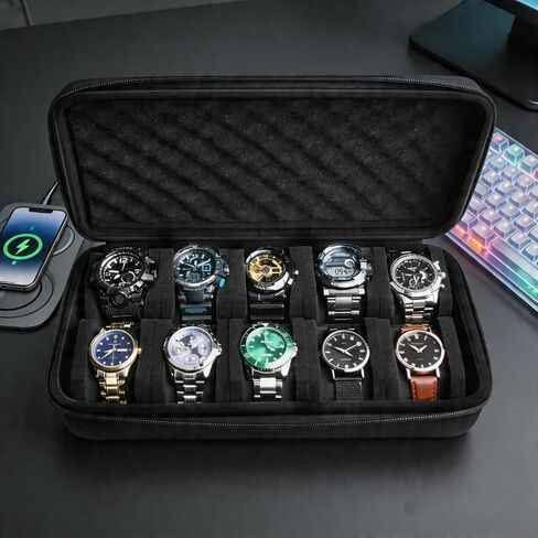 10 Slots Watch Travel Case for Men and Women with Zipper, Hard Watch Storage Box with Removable Shockproof Watch Pillows in Saudi Arabia