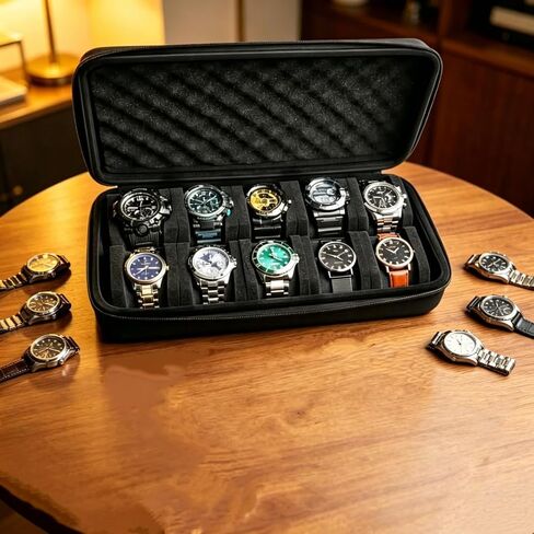 10 Slots Watch Travel Case for Men and Women with Zipper, Hard Watch Storage Box with Removable Shockproof Watch Pillows in Saudi Arabia