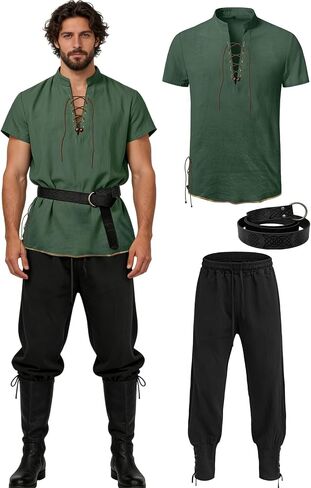 Verceco Renaissance Costume for Men 3PCS Short Sleeve Lace-Up Shirt Ankle-Banded Pants Belt Medieval LARP Cosplay in Saudi Arabia
