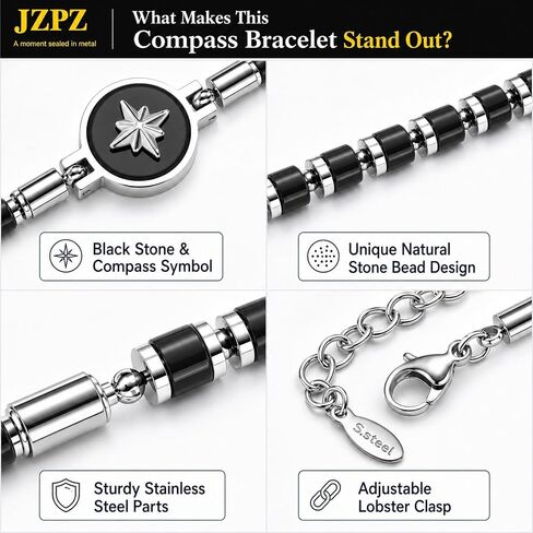 Compass Bracelet for Men : Natural Stone Bead Bracelet,Adjustable Stainless Steel Men's Link Chain,Unique Jewelry Gifts for Him,Birthday Travel New Journey Graduation Gift for Son Boyfriend Friends in Kuwait