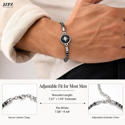 Compass Bracelet for Men : Natural Stone Bead Bracelet,Adjustable Stainless Steel Men's Link Chain,Unique Jewelry Gifts for Him,Birthday Travel New Journey Graduation Gift for Son Boyfriend Friends in Kuwait