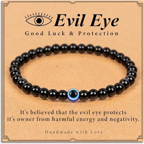 Evil Eye Black Beaded Bracelets for Men 6mm Onyx Handmade Yoga Stretch Elastic Bracelet Crystal Healing Power Energy - Christmas Gifts Birthday Gifts in Saudi Arabia