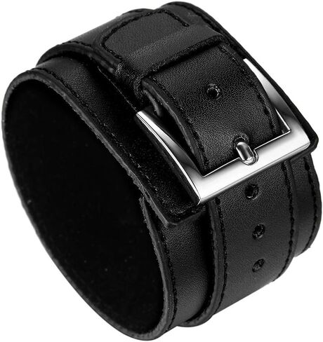Avaner Men's Wide Leather Cuff Bracelet Punk Gothic Rock Biker Wrap Black Cuffs Wristband in Kuwait