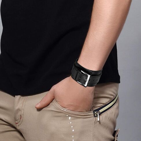 Avaner Men's Wide Leather Cuff Bracelet Punk Gothic Rock Biker Wrap Black Cuffs Wristband in Kuwait