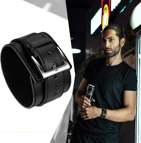 Avaner Men's Wide Leather Cuff Bracelet Punk Gothic Rock Biker Wrap Black Cuffs Wristband in Kuwait