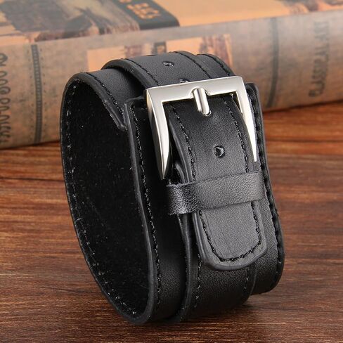 Avaner Men's Wide Leather Cuff Bracelet Punk Gothic Rock Biker Wrap Black Cuffs Wristband in Kuwait