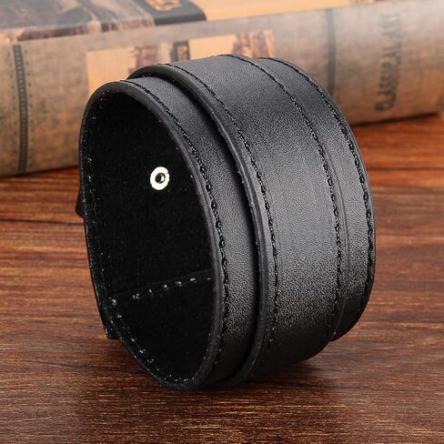 Avaner Men's Wide Leather Cuff Bracelet Punk Gothic Rock Biker Wrap Black Cuffs Wristband in Kuwait
