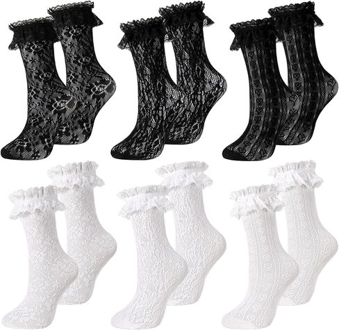 6 Pairs Women Lace Ankle Socks, Frilly Mesh Fishnet Socks, Retro Ruffle Trim Sock for Women Girls Lolita Gothic in Kuwait