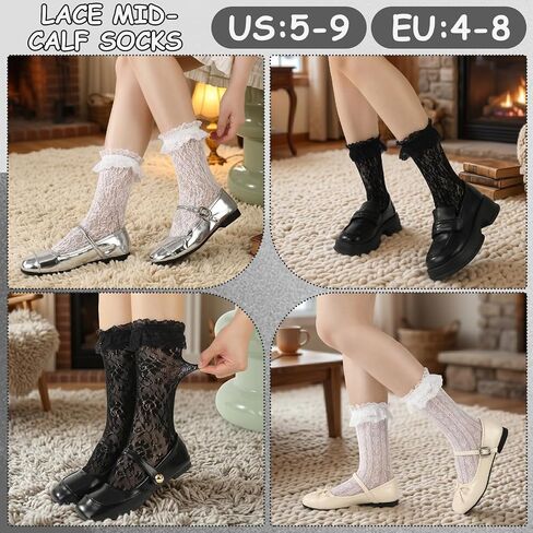 6 Pairs Women Lace Ankle Socks, Frilly Mesh Fishnet Socks, Retro Ruffle Trim Sock for Women Girls Lolita Gothic in Kuwait