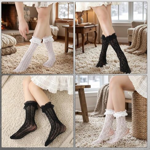6 Pairs Women Lace Ankle Socks, Frilly Mesh Fishnet Socks, Retro Ruffle Trim Sock for Women Girls Lolita Gothic in Kuwait