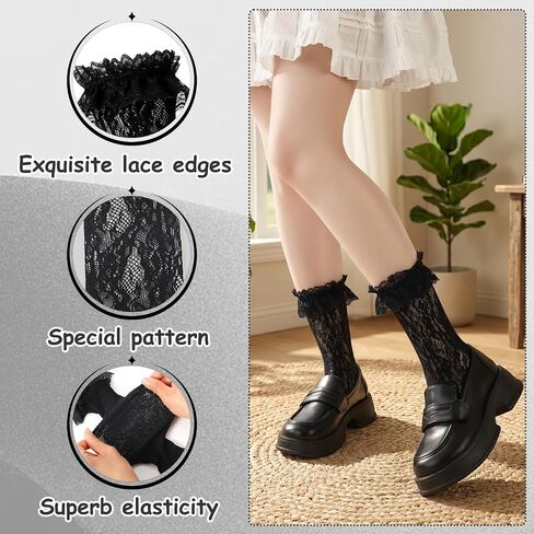 6 Pairs Women Lace Ankle Socks, Frilly Mesh Fishnet Socks, Retro Ruffle Trim Sock for Women Girls Lolita Gothic in Kuwait