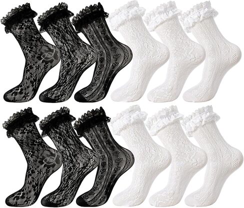 6 Pairs Women Lace Ankle Socks, Frilly Mesh Fishnet Socks, Retro Ruffle Trim Sock for Women Girls Lolita Gothic in Kuwait