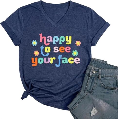 BLANCHES Plus Size First Day of School Shirt Happy to See Your Face Shirts Back to School T-Shirt Teacher Gifts Tee Tops in Kuwait