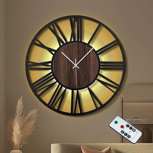 Large Lighted Wood Wall Clock Remote Control, Roman Numeral Modern Decorative Clock with Silent Movement, Battery Operated Clocks for Living Room Decor in Saudi Arabia