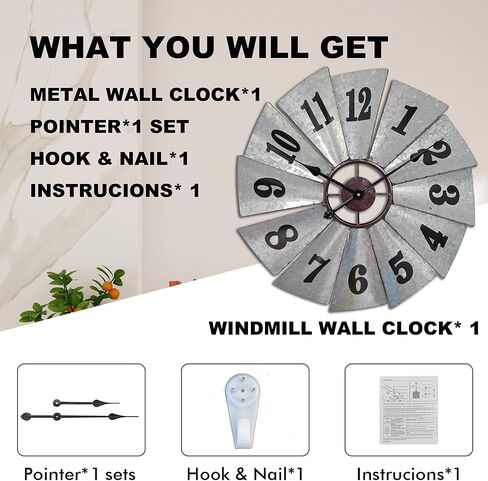 Mrocioa 24 Inch Rustic Windmill Wall Clock - Galvanized Metal Farmhouse Decor, Silent Battery Operated Vintage Industrial Clock for Kitchen, Living Room, Bedroom in Saudi Arabia