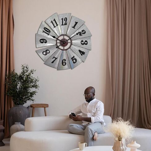 Mrocioa 24 Inch Rustic Windmill Wall Clock - Galvanized Metal Farmhouse Decor, Silent Battery Operated Vintage Industrial Clock for Kitchen, Living Room, Bedroom in Saudi Arabia