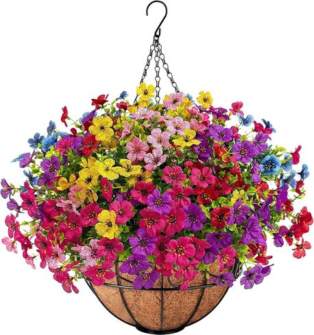 Ouddy Decor Artificial Hanging Flowers with Basket, Fake Hanging Plants with Faux Silk Flowers UV Resistant for Outdoors Indoors Spring Summer Porch Patio Balcony Yard Home Decorations, Multicolor in Saudi Arabia
