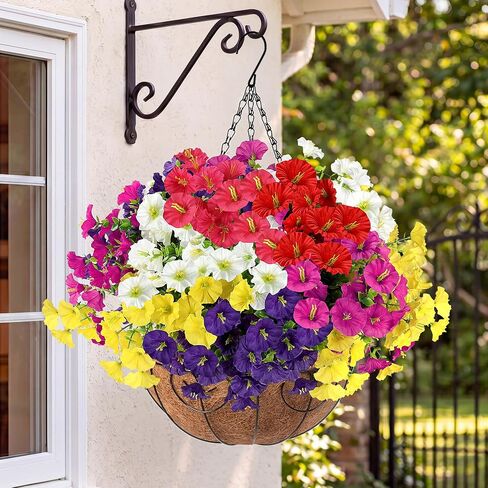 Artificial Flowers for Outdoors with Baskets Hanging Plant Faux Flowers UV Resistant Fake Silk Morning Glory with Eucalyptus for Planter Porch Garden Home Spring Summer Decoration(Mixed 4 colors) in Kuwait