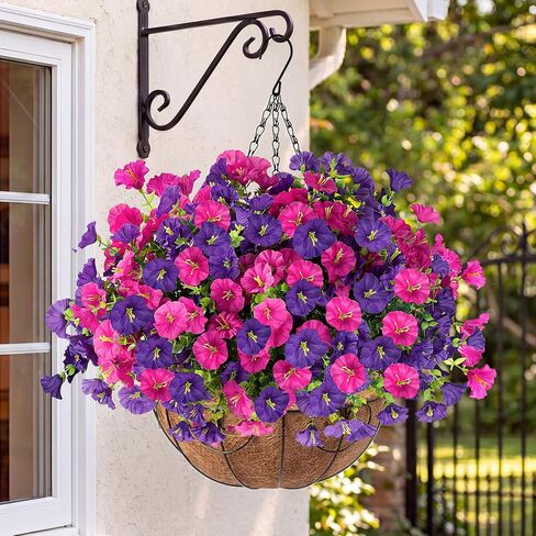Artificial Flowers for Outdoors with Baskets Hanging Plant Faux Flowers UV Resistant Fake Silk Morning Glory with Eucalyptus for Planter Porch Garden Home Spring Summer Decoration(Mixed 4 colors) in Kuwait