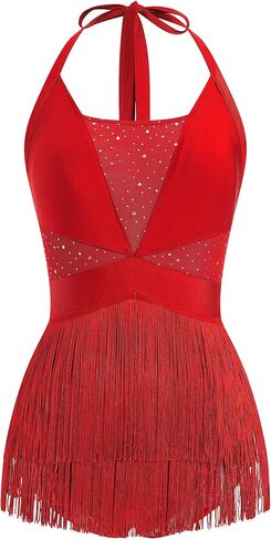 AFAVOM Women Sexy Sequin Fringe Bodysuit Sparkly Tassels Latin Jazz Dance Dress Acrobat Costume Halter Backless Leotard Romper Party Dress Adult Trapeze Artist Rave Festival Outfits Red Large in Kuwait