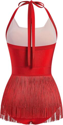 AFAVOM Women Sexy Sequin Fringe Bodysuit Sparkly Tassels Latin Jazz Dance Dress Acrobat Costume Halter Backless Leotard Romper Party Dress Adult Trapeze Artist Rave Festival Outfits Red Large in Kuwait