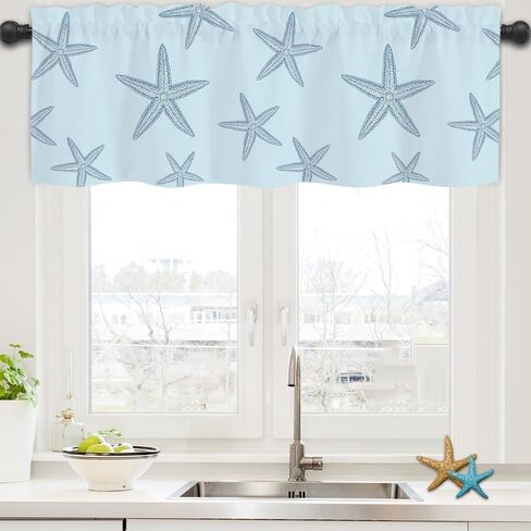 Coastal Valances for Windows,Summer Nautical Valances for Windows Light Filtering,Rod Pocket Starfish Short Window Curtains valances for Bathroom Kitchen Bedroom Cafe 54"x18" in Saudi Arabia