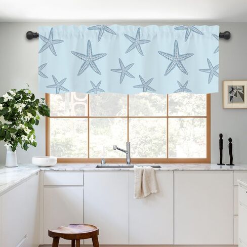 Coastal Valances for Windows,Summer Nautical Valances for Windows Light Filtering,Rod Pocket Starfish Short Window Curtains valances for Bathroom Kitchen Bedroom Cafe 54"x18" in Saudi Arabia