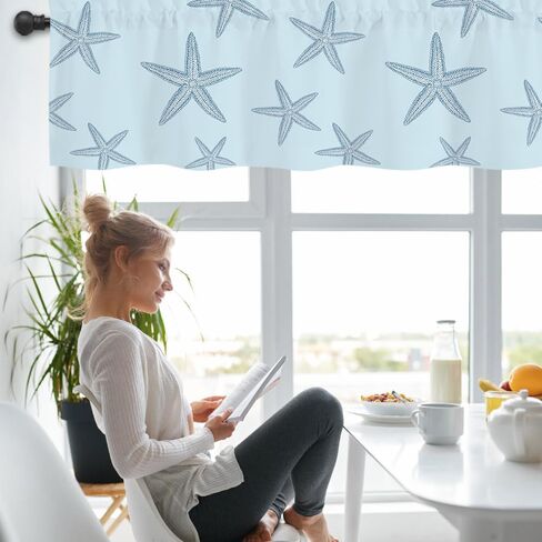 Coastal Valances for Windows,Summer Nautical Valances for Windows Light Filtering,Rod Pocket Starfish Short Window Curtains valances for Bathroom Kitchen Bedroom Cafe 54"x18" in Saudi Arabia