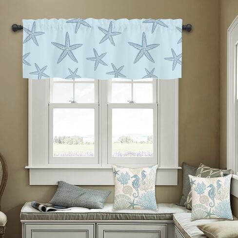 Coastal Valances for Windows,Summer Nautical Valances for Windows Light Filtering,Rod Pocket Starfish Short Window Curtains valances for Bathroom Kitchen Bedroom Cafe 54"x18" in Saudi Arabia