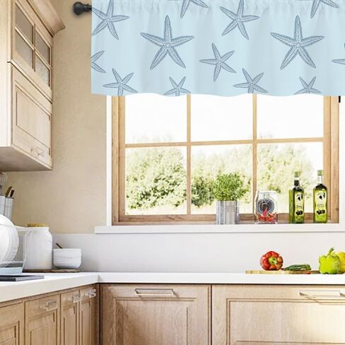 Coastal Valances for Windows,Summer Nautical Valances for Windows Light Filtering,Rod Pocket Starfish Short Window Curtains valances for Bathroom Kitchen Bedroom Cafe 54"x18" in Saudi Arabia