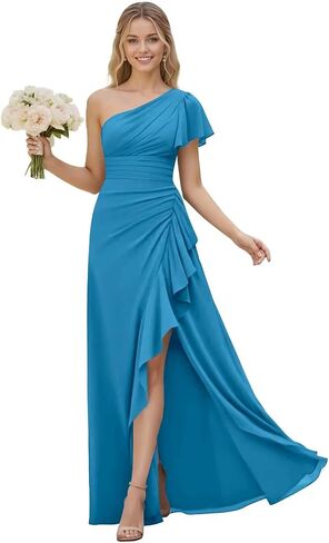 yinyyinhs One Shoulder Chiffon Bridesmaid Dresses for Women 2026 Long A-line Pleated Formal Evening Party Gowns with Slit in Saudi Arabia