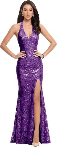 Sequin Mermaid Prom Dress for Women Sleeveless Laces V-Neck Long Formal Evening Party Dresses with Slit ZE16 in Kuwait