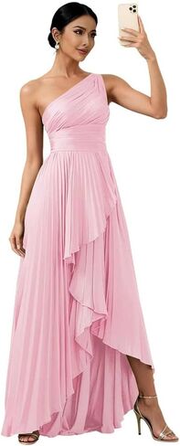One Shoulder Bridesmaid Dresses for Women High Low Long Satin Pleated Formal Evening Dress with Slit in Kuwait