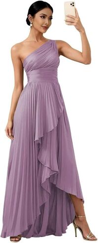 One Shoulder Bridesmaid Dresses for Women High Low Long Satin Pleated Formal Evening Dress with Slit in Kuwait