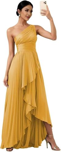 One Shoulder Bridesmaid Dresses for Women High Low Long Satin Pleated Formal Evening Dress with Slit in Kuwait