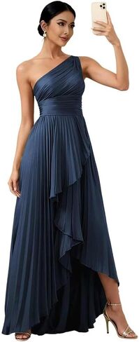 One Shoulder Bridesmaid Dresses for Women High Low Long Satin Pleated Formal Evening Dress with Slit in Kuwait